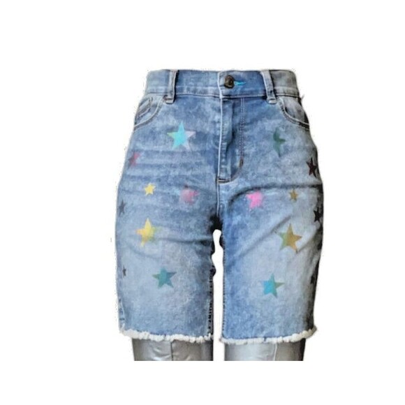 Jordache Shorts 12 Distressed Adjustable Stars Blue Denim (W26 L7) - Picture 1 of 13